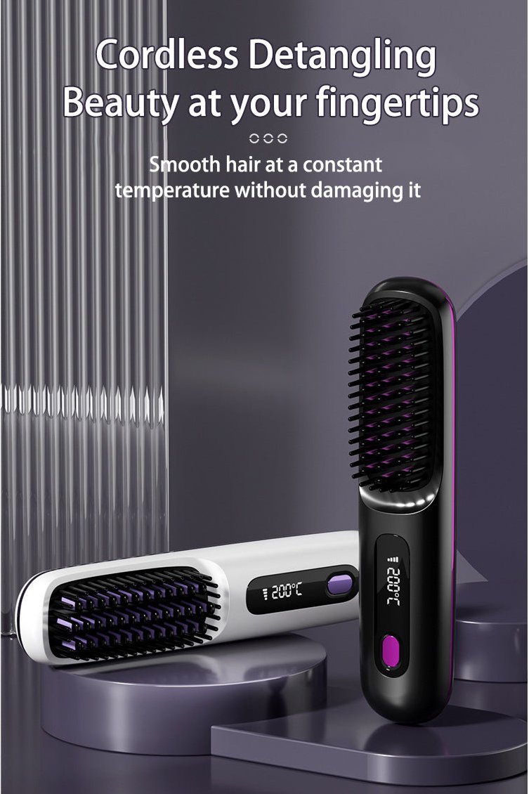 2-in-1 Wireless Hair Straightener Brush - Fast Heating, Portable Hot Curler with USB Charging - Sozofy