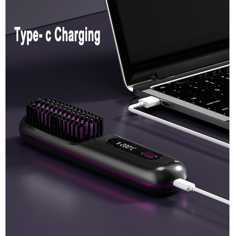 2-in-1 Wireless Hair Straightener Brush - Fast Heating, Portable Hot Curler with USB Charging - Sozofy