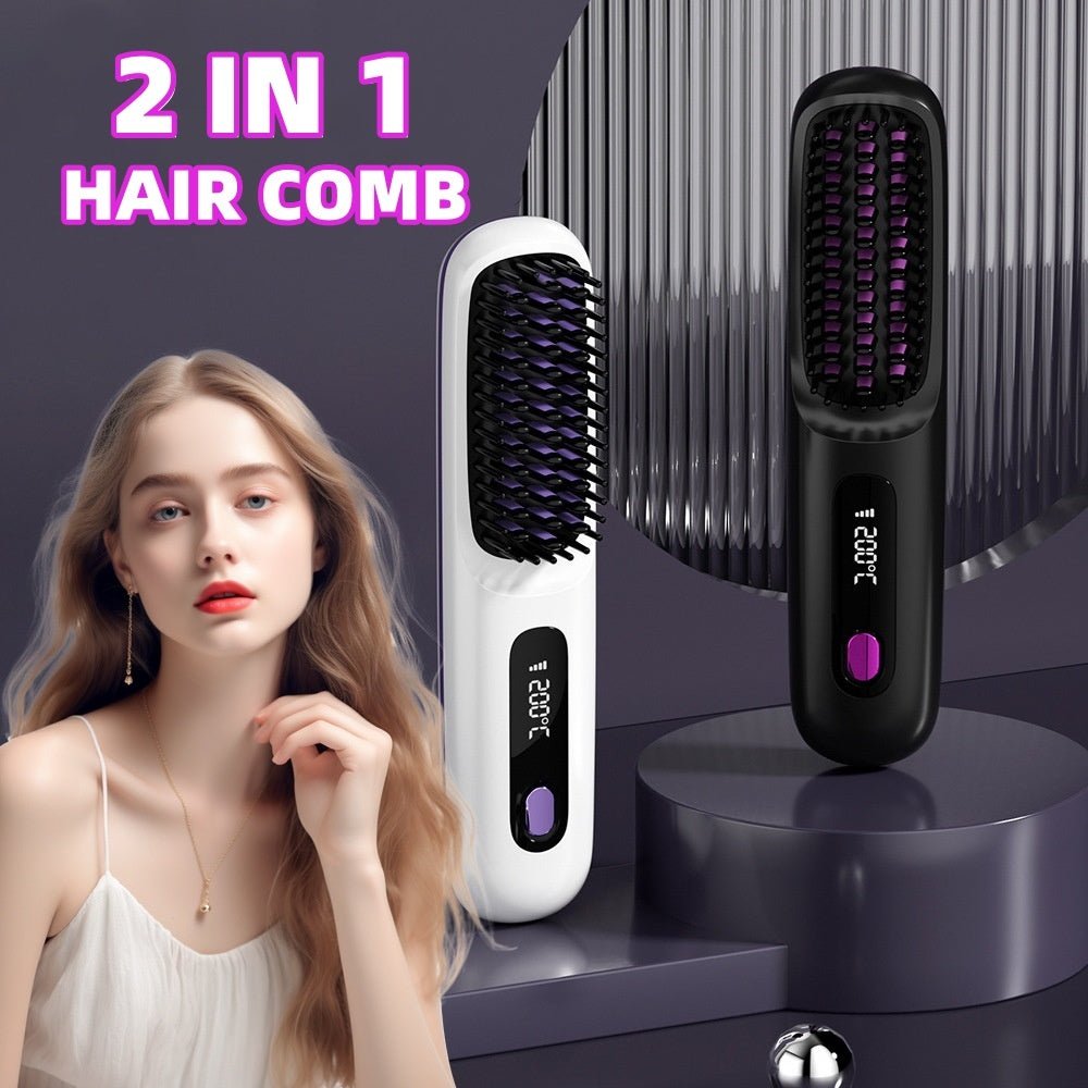 2-in-1 Wireless Hair Straightener Brush - Fast Heating, Portable Hot Curler with USB Charging - Sozofy