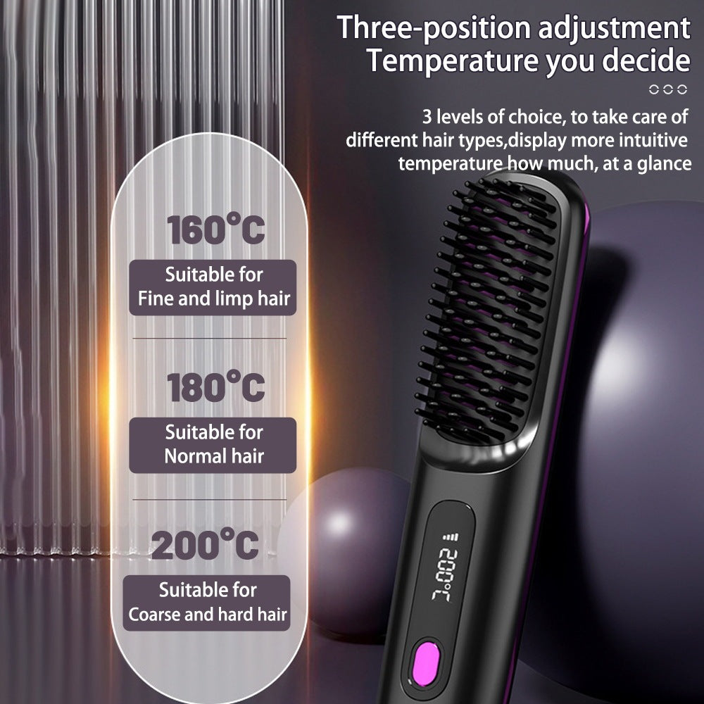 2-in-1 Wireless Hair Straightener Brush - Fast Heating, Portable Hot Curler with USB Charging - Sozofy